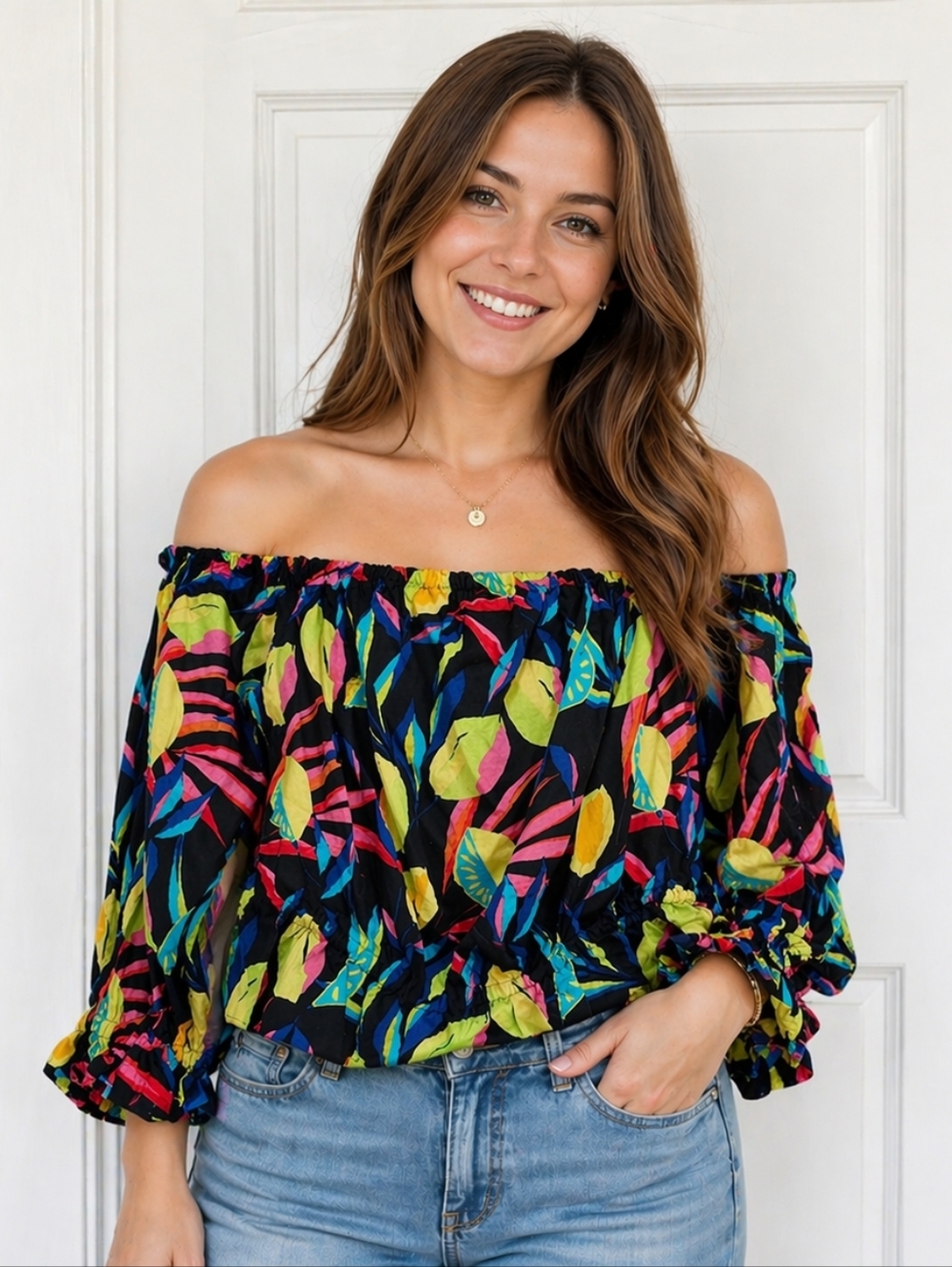 NWT Tabitha Brown Crop Top Sz XL Linen Blend Off The Shoulder Lemon Print